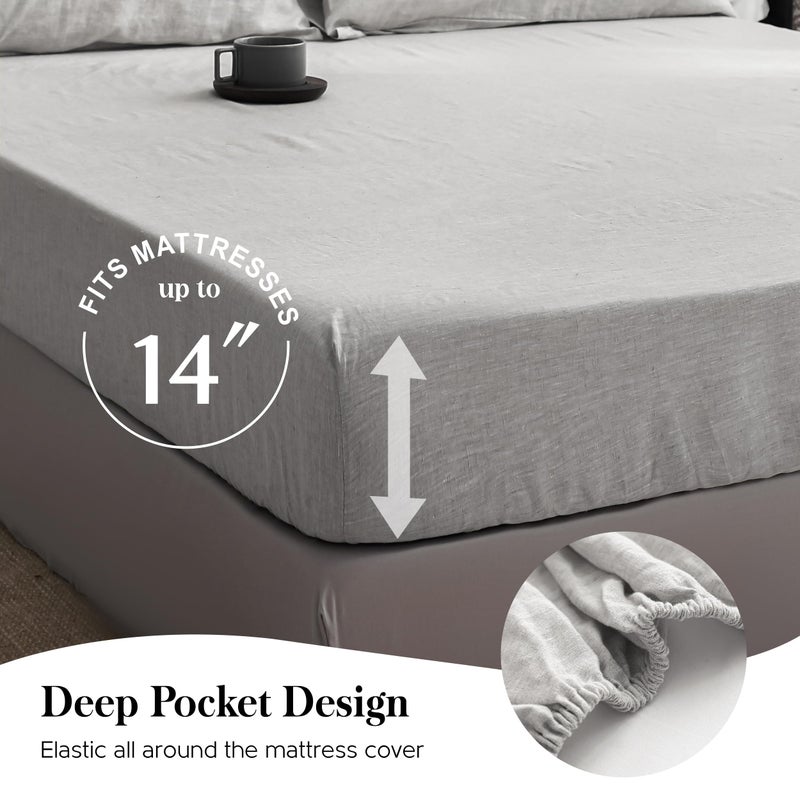 Simple&Opulence 100% Pure Linen Sheet Set Full Size, Natural French Flax Solid Color 4 Pcs Washed Breathable, Farmhouse Bedding (1 Flat Sheet,1 Fitted Sheet,2 Pillowcases)-Embroidery Grey - Image 5